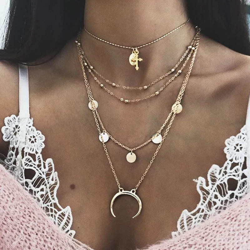 

European Exaggerated Multilayer Goddess Cross Moon Pendant Necklaces for Women Bohemian Round Sequins Necklace Jewelry YN1014