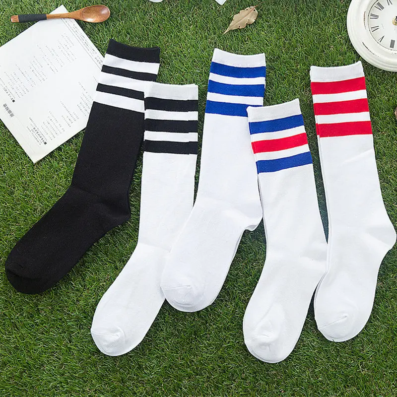 new cotton elasticity sweat women long sock candy colors rainbow striped sporty meias retro harajuku casual socks couple sock New Men/Women 3 Three Stripes Cotton Socks Retro Old School  Hiphop Skate Long Short  Meias  Harajuku White Black Winter Cool