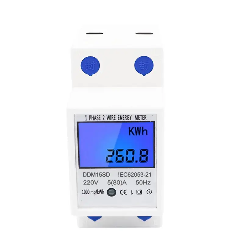 

LCD Backlight 1Phase 2Wires 5(80A) Energy Meter Din Rail Electric Meter Monitor 95AA