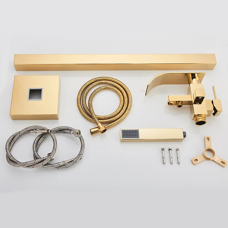 Golden Waterfall Bathtub Shower Faucets Floor Standing Faucet Hot Cold Water Shower Mixer Tap Square Tube Mixer Held Shower 6