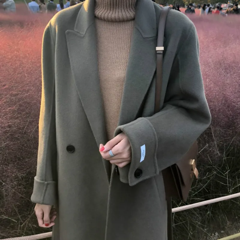 Women Winter Green Super Long Wool Overcoat Elegant Double-sided Woolen Coat Jacket with Waist Belt Brief Loose Outwear