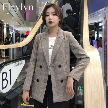 

Casual Plaid Notched Collar Women Blazer Jacket Chic Double Breasted Full Sleeve Female Jackets Outerwear 2020 Elegant Workwear