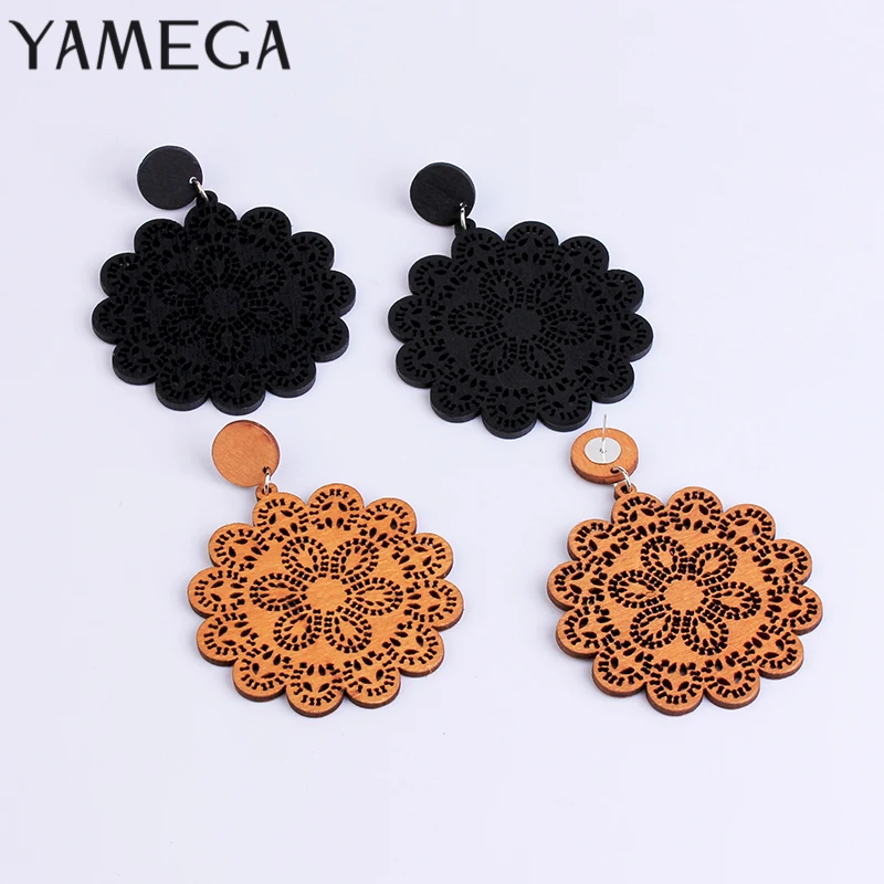 

YAMEGA Natural Wooden Earrings Popular Hollow Flower Black Boho Simple Style Fashion African Earrings Jewelry For Woman Girls