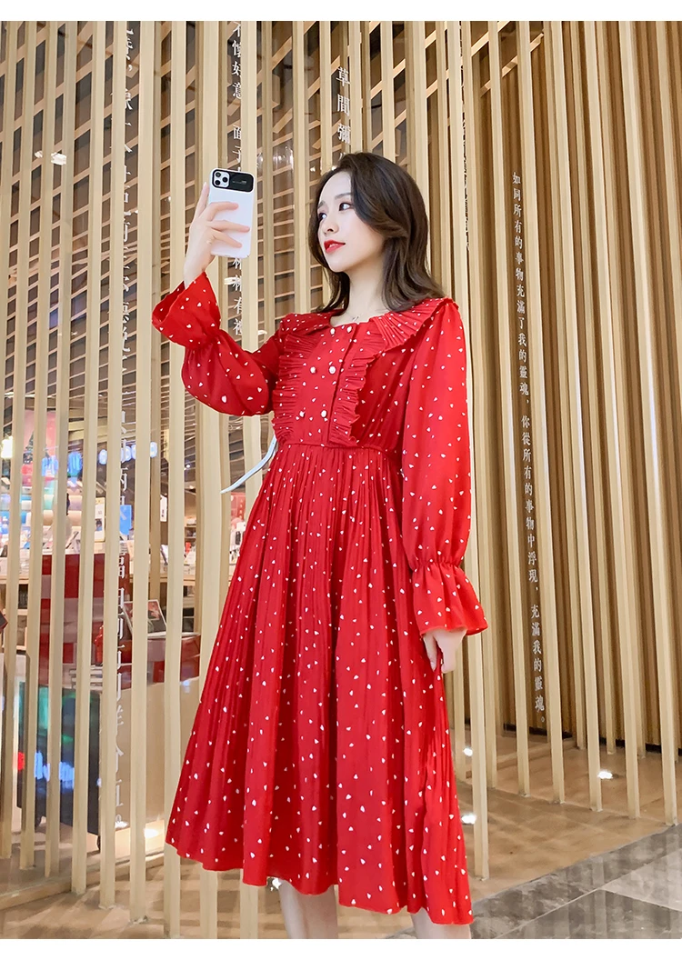 Новое модное платье для кормящих женщин с принтом в виде сердечек, платье для кормящих матерей с круглым отложным воротником и длинным рукавом
