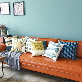 

DUNXDECO Cushion Cover Decorative Pillow Case Modern Geometric Sea Fish Cotton Thread Embroidery Simple Line Coussin