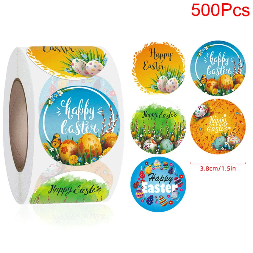 1.5inch Happy Easter Stickers 100-500pcs Color Easter Egg Adhesive Sticker Label Envelope Sealing Easter Party Decor Kids Gifts 