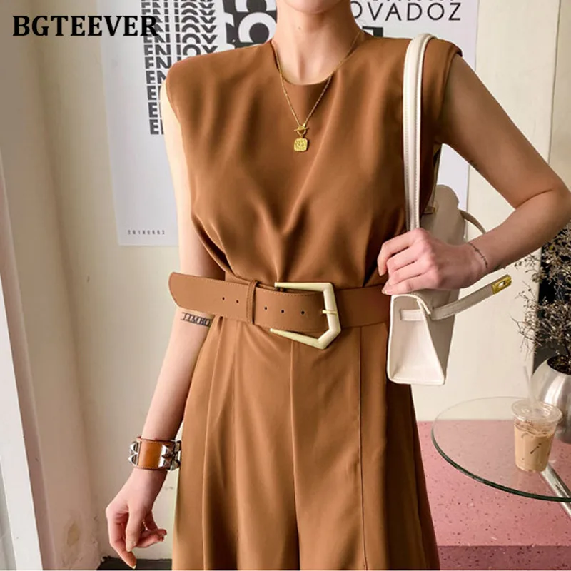 BGTEEVER Summer O-neck Sleeveless Belted Office Ladies Playsuit Wide Leg Split Elegant Loose Women Jumpsuit 2020 Romper Overalls
