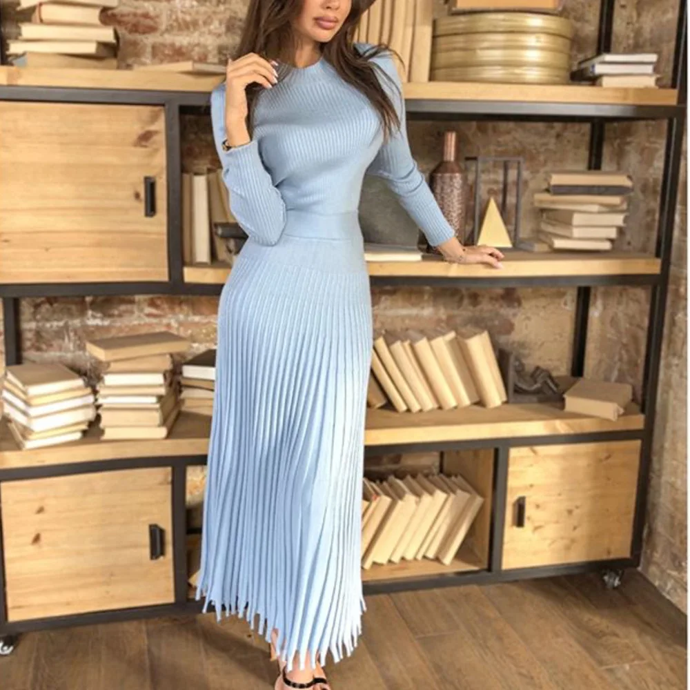 Vestido de punto plisado acanalado para mujer, suelto, de moda, con retazos, manga larga, cintura alta, de punto, vestido maxi femenino de otoño, nuevo