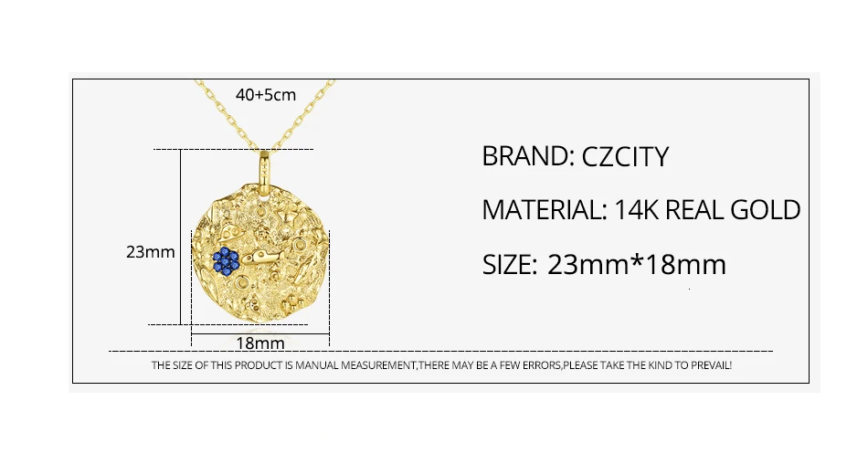 CZCITY Brand Solid Pure 14k Gold Round Pendant Necklaces for Women Blue AAA CZ Yellow Gold Fine Jewelry Gift Au 585 N14138