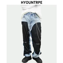 Рваные джинсы Лоскутные хип хоп свободные длинные прямые брюки мужские новые модные дизайнерские уличные брюки с молнией