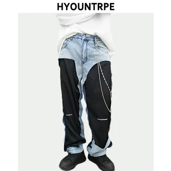 

Destroyed Ripped Denim Jeans Patchwork Hip Hop Loose Straight Long Pants Mens New Fashion Designer Streetwear Zipper Trouser