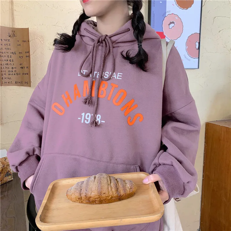 Толстовки женские плюс бархатные толстые пары BF Harajuku уличная негабаритная 2XL Студенческая с капюшоном с буквенным принтом Kpop Ulzzang Женский пуловер s