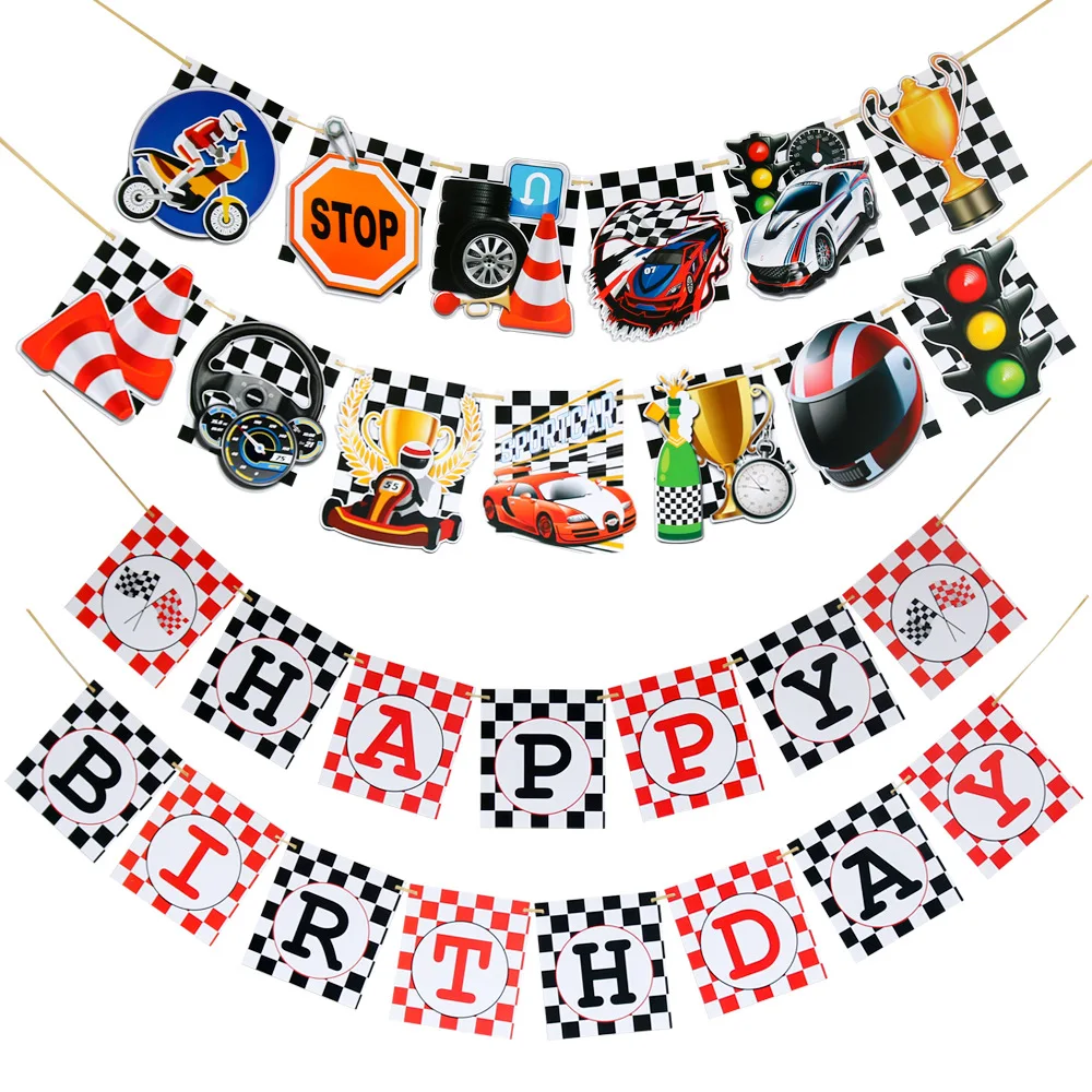 

2 sets Happy Birthday Party Deco Banner Motorcycle Racing and Check Banner XQ6