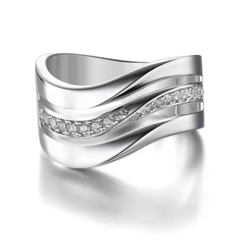 

Huitan Simple Silver Color Wave Design Women Rings High Quality Brilliant Crystal Zircon Anniversary Gift Fashion Female Jewelry