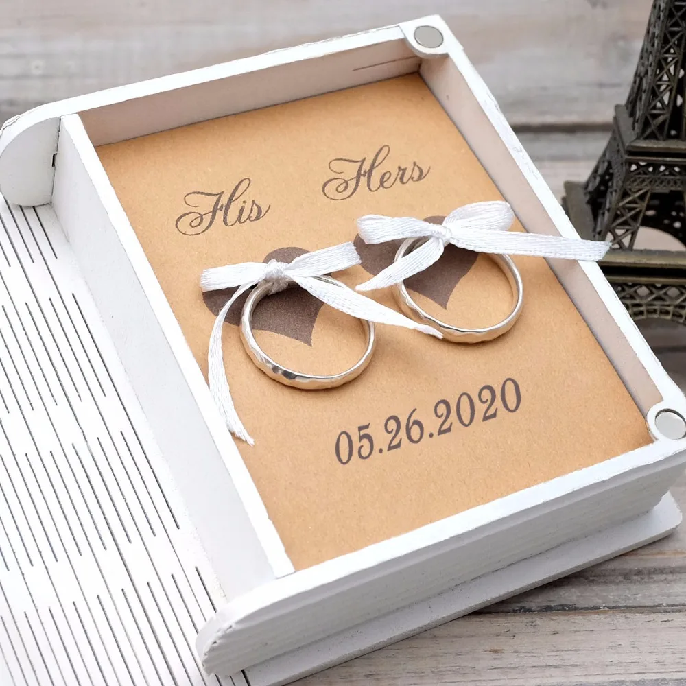Anel de Casamento Caixa de Anel de Madeira Presente de Casamento do Dia dos Namorados para Noivado Personalizado Titular Branco Jóias Bearer Rústico 5 Cheap Display e embalagem p joias