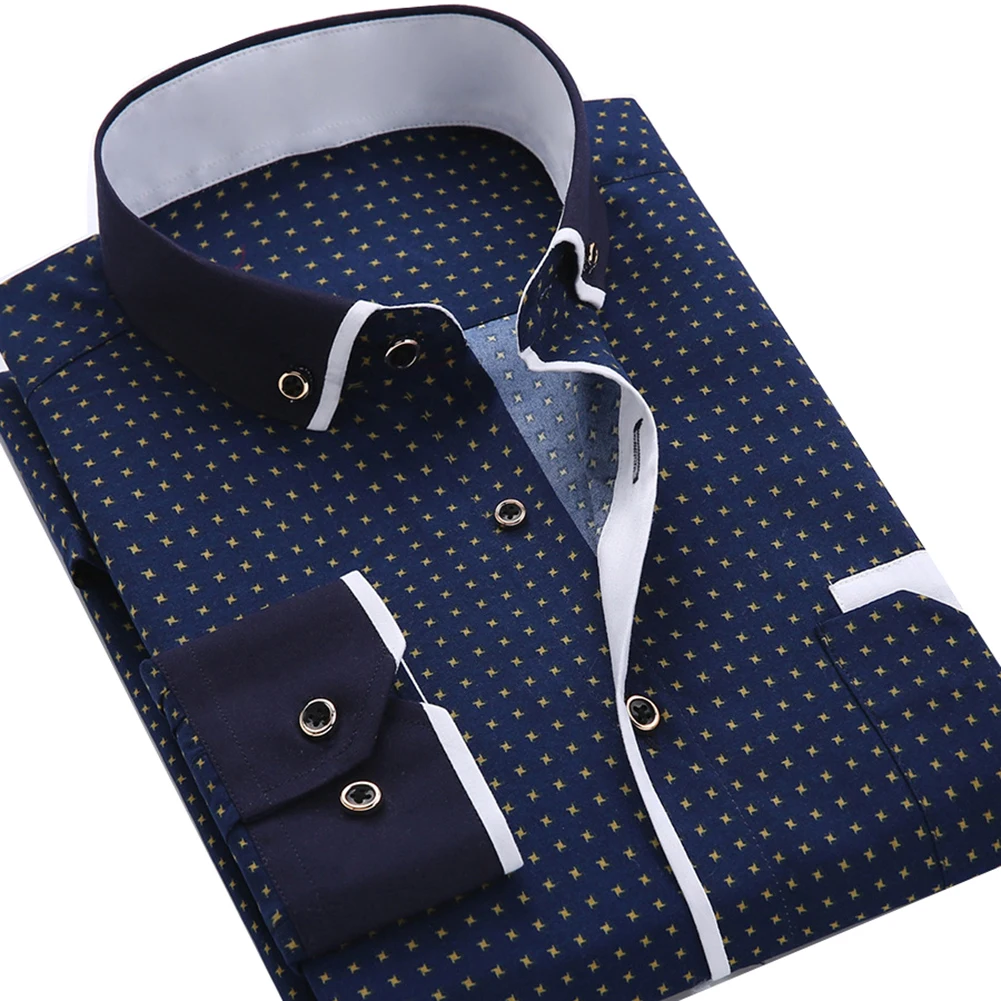 Бизнес Мужчины точка плед печати отложным воротником с длинным рукавом Кнопка рубашка блузка Топ