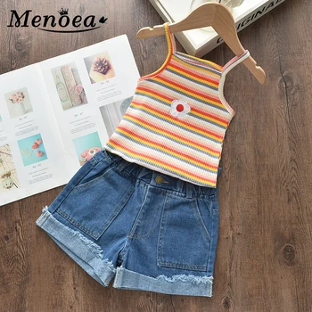 

Menoea Girls Sets Summer 2020 New Style Kids Colorful Striped Vest and Denim Pants Casual Outfits 2Pcs Children Clothing Suits