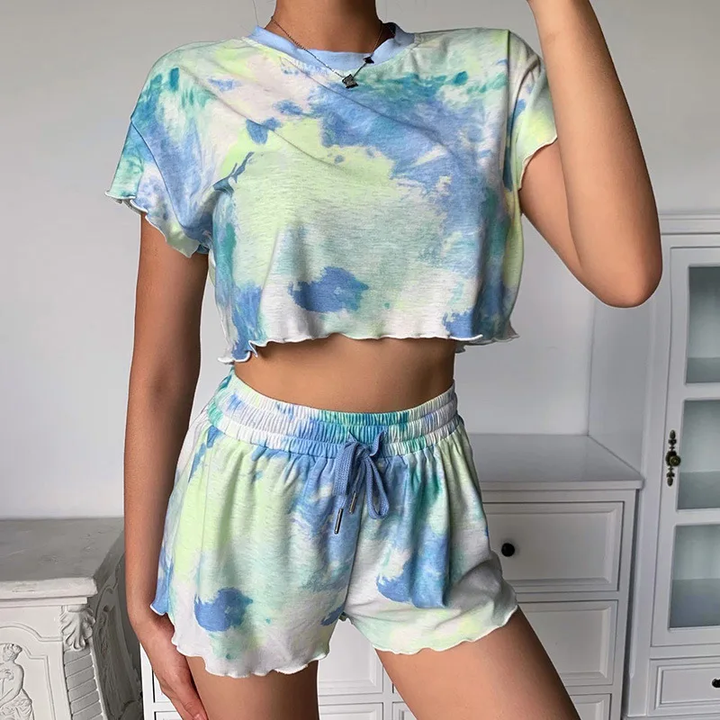 Casual Two Piece Women Sets Tracksuit Tie Dye Printed Ruffle Shorts