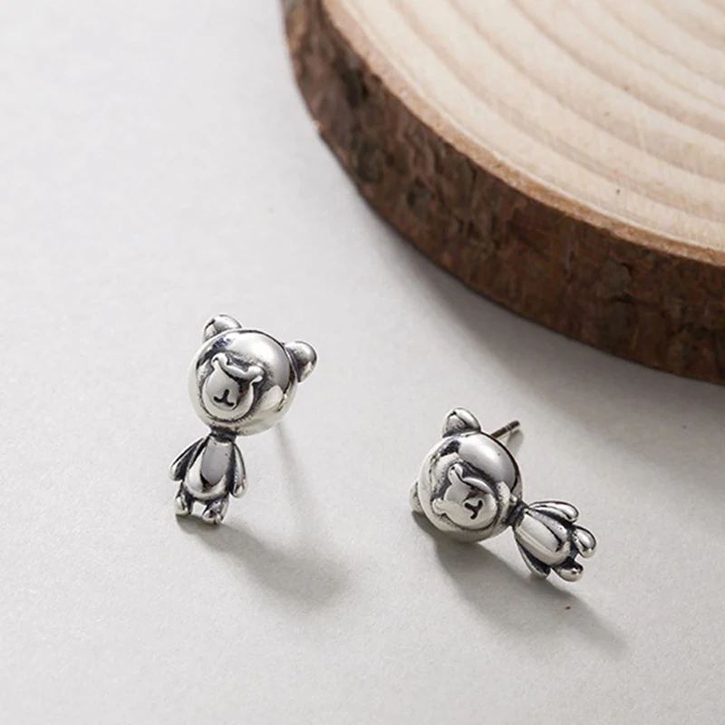 New Small Bear Stud Earring Genuine 925 Sterling Silver Vintage Polished Cute Girl Birthday Present Campus Fashion | Украшения и
