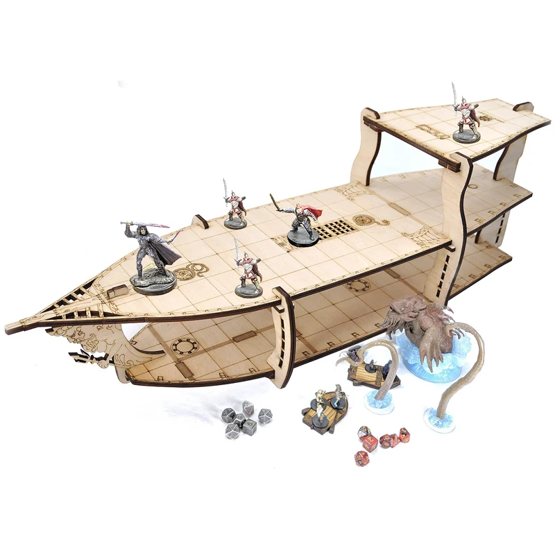 Large 3-Level Brigantine Ship Bundle for Tabletop RPG D&D Miniatures Action Figure Wood Display Stand