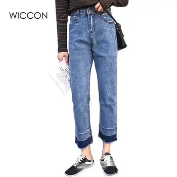 

Boyfriend Jeans For Women Panelled Cuffs Loose High Waist Womans Jeans Denim Trousers Full Length Mom Jeans Feminino WICCON