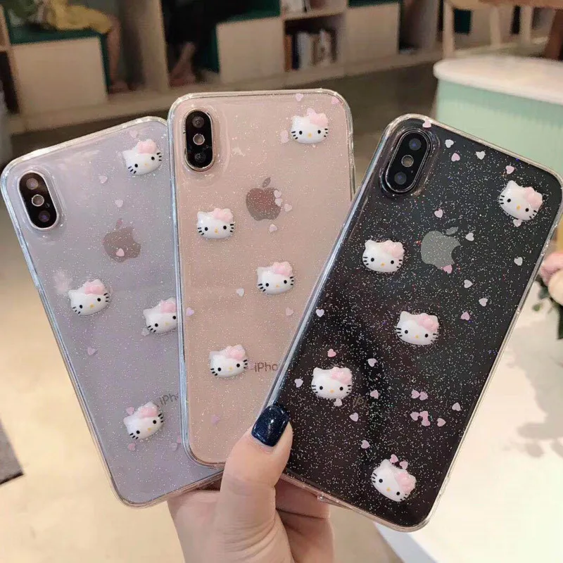 

Glitter Kity Kitten 8 Mobile Shell for iPhone X XS XR XSMax 8 7 6 6S PluS Transparent Silicone Crash Protection Back Cover