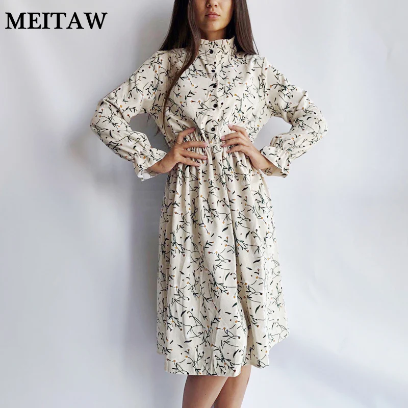 Женское вельветовое платье с цветочным принтом Мягкое повседневное миди длинным