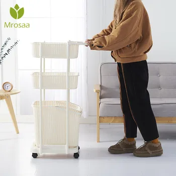 

Multilayer Durable Plastic Dirty Clothes Basket Organizer Hand Push Laundry Basket Seperate Sundries Toy Storage with Wheel