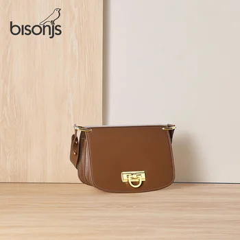

BISONJS Female Saddle Crossbody Bag For Women 2020 Leather Luxury Handbag Designer Lady Sling Shoulder Messenger Bag B10005