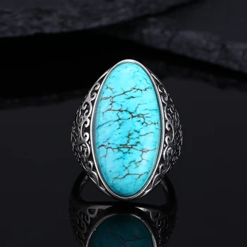 

Women's Ring S925 Sterling Silver Ring 12*25 Vintage Turquoise Bluesand Fine Jewelry Hollow Elegant Ring Gift Party Wedding