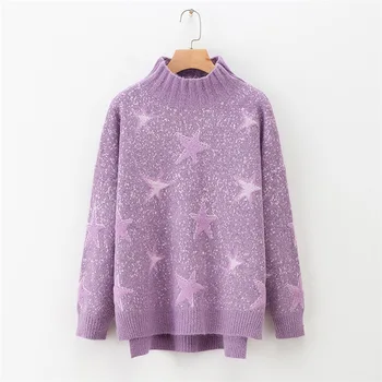 

Oversize Plus Size Big Size Autumn Winter Women Pullovers O-Neck Five Stars Long Sleeve Ladies Sweater Female