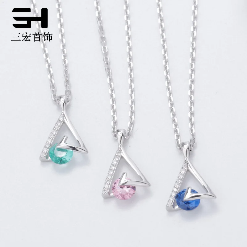 

S925 Fine Silver Triangular Necklace Women's Clip Zircon Creative Design Simple Choker Sets of Chain
