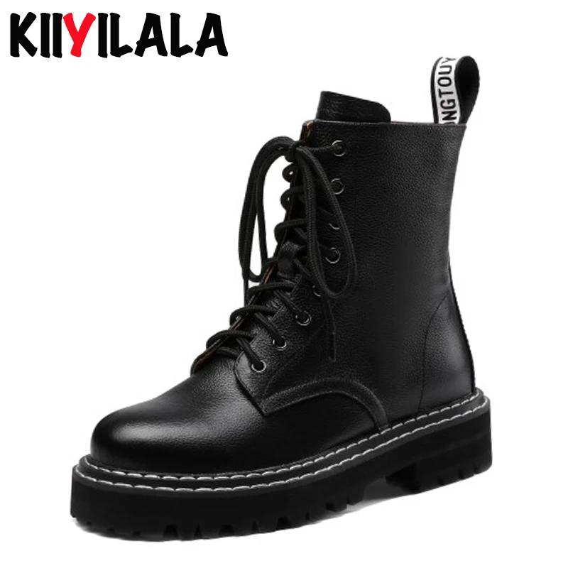 Женские ботинки в стиле панк Kiiyilala черные из натуральной кожи на платформе