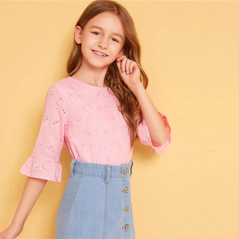 SHEIN Kiddie Ginger/однотонная кружевная блузка с рюшами и проймой для подростков г., летняя детская блузка с рукавами-бабочками на пуговицах, рубашка