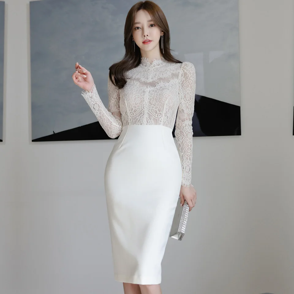 Elegant Party Dress 2024 Spring White Black High Waist Tight Stitching Sexy Lace Stand Collar Long Sleeves Office Lady Dress