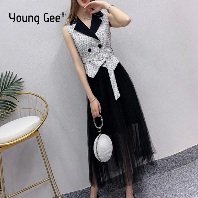 Женский комплект из двух предметов Young Gee клетчатый короткий жилет без рукавов +