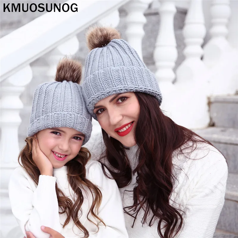  1PC Hats For Baby or Mom Winter Warm Raccoon Fur Hats Daughter Mommy Beanie Caps Children Women Cot