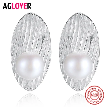

AGLOVER New Charm 925 Silver Earring Leaf Stud Earrings Genuine Natural Freshwater Pearl Earrings Pearl Charm Jewelry Women Gift