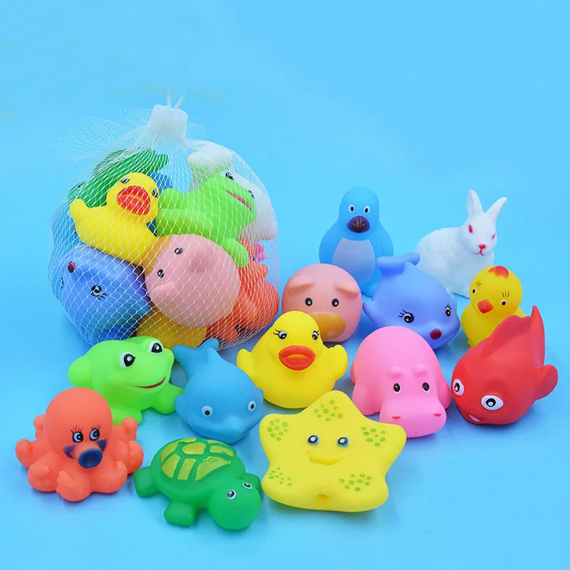 

13 Pcs Mixed Animals Swimming Water Toys Colorful Soft Floating Rubber Duck Squeeze Sound Squeaky Bathing Toy For Baby Bath Toys