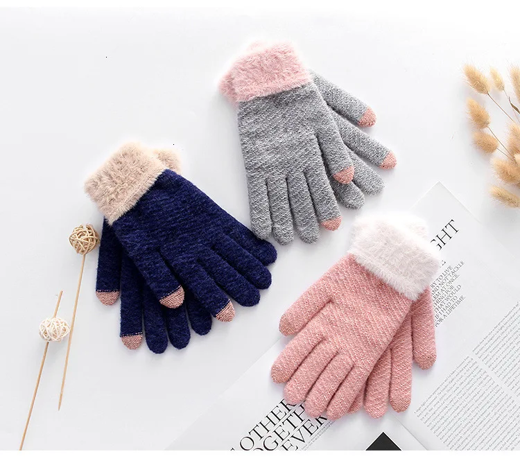 Перчатки для сенсорного экрана, женские зимние, сохраняющие тепло, утепленные, вязаные перчатки, милые, шерстяные, имитирующие плюш, норка, пять пальцев, Hiver Femme