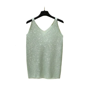 

Ice Silk Knitted Gypsophila Hot Drilling V Neck Camis Women Summer Slim Sleeveless Sexy Vest Top Strap Flare Basic Tank Camisole