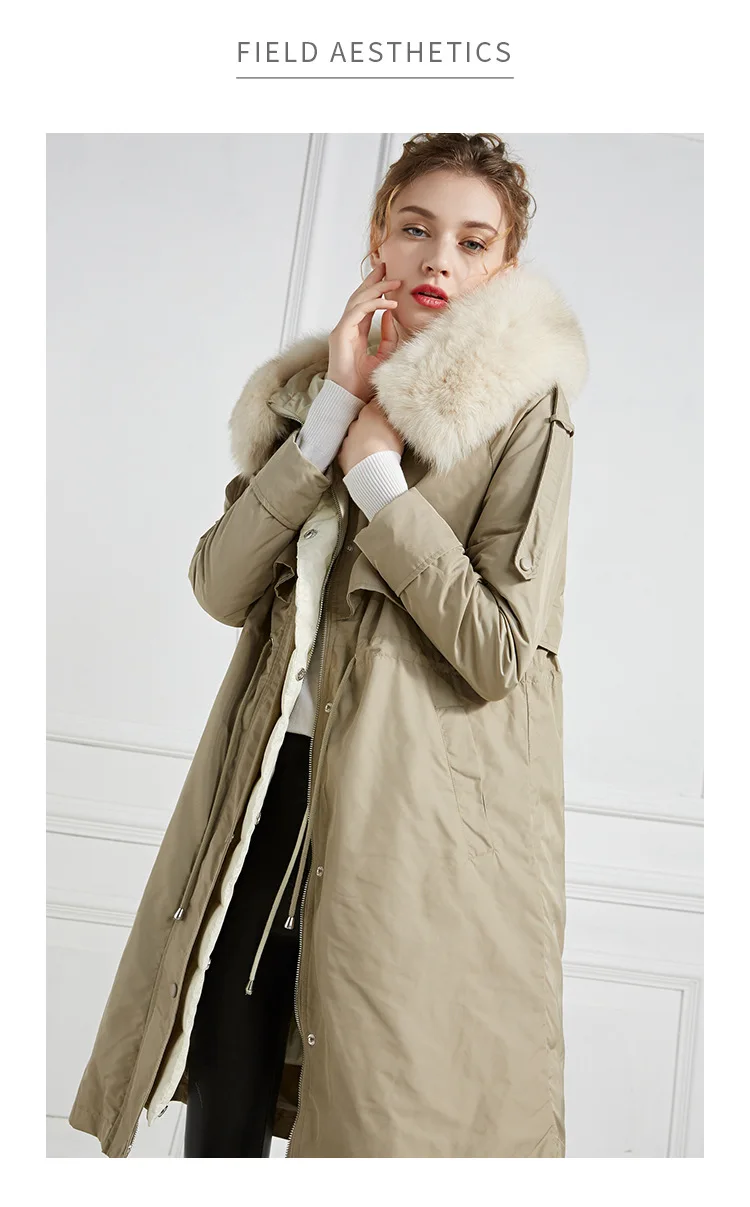Thick Winter Office Lady Big wool collar two-piece dress White duck down Straight Pattern Collar Detachable Hooded down jacket