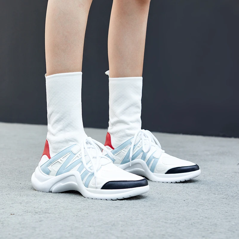 2019 Winter Mid-High Boots Women Sneaker Boots Sexy Black White Booties Stretchable Size 35-40 2019 Winter Mid-High Boots Women Sneaker Boots Sexy Black White Booties Stretchable Size 35-40