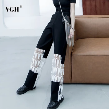 

VGH Casual Patchwork Lace Women Full Length Pants High Waist Hit Color Print Loose Wide Leg Pant For Female Fashion Clothing New