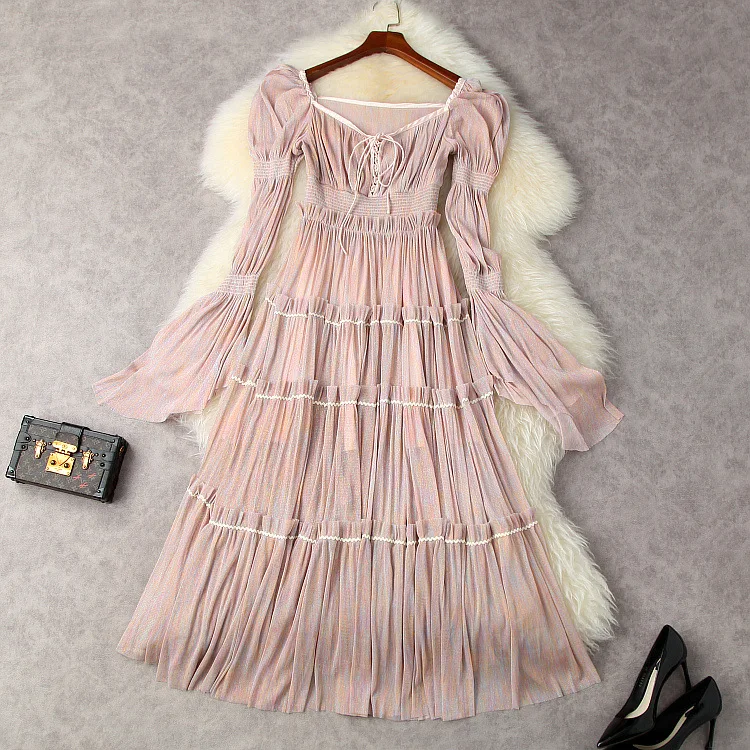 

European and American women's wear for summer 2021 Long sleeve V-neck gauze bright silk Fashion pleated dress