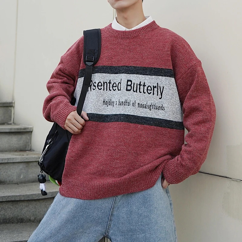 Winter New Sweater Men Warm Fashion Letters Contrast Color Casual O-neck Sweater Pullover Street Wild Loose Long-sleeved Sweater Winter New Sweater Men Warm Fashion Letters Contrast Color Casual O-neck Sweater Pullover Street Wild Loose Long-sleeved Sweater