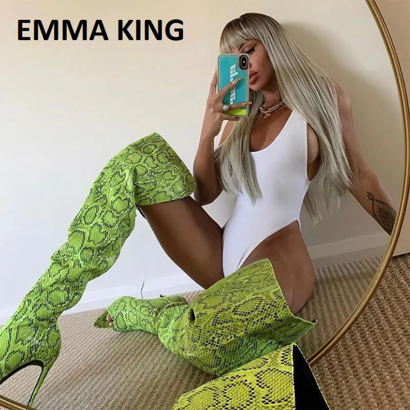 

Women Shoes Neon Green Snakeskin Print Pattern Over The Knee Boots Fashion Autumn Cool Boots Peep Toe High Heel Stiletto