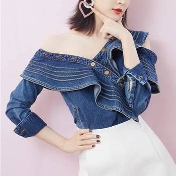

New Korean Temperament Commute Strapless Irregular V-neck Ruffles Denim Shirt Button Solid Long Sleeve Womens Tops and Blouses
