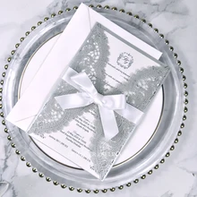 Серебряное мерцающее Свадебное приглашение с лентой DIY лазерная резка Quinceanera приглашения на заказ Печать свадебный душ приглашает