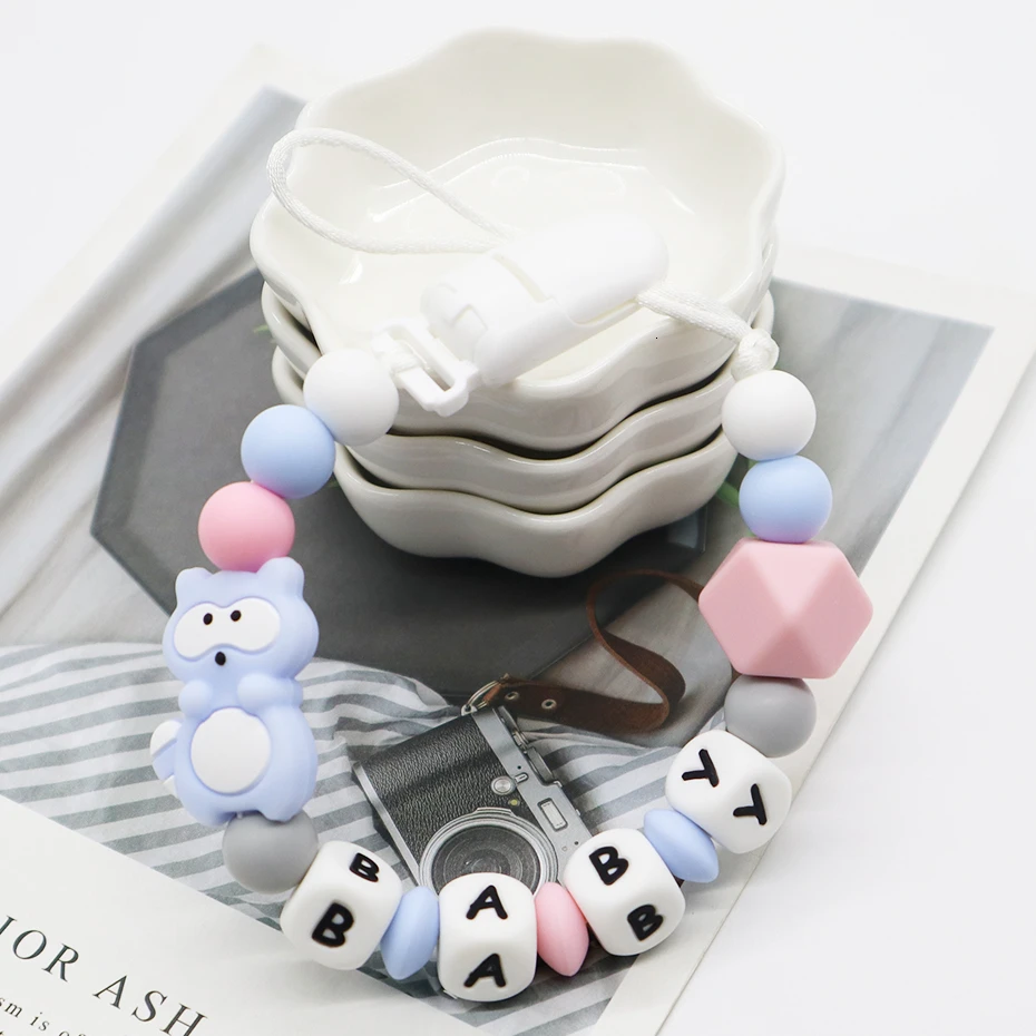 

DIY Personalized Name Pacifier Clips Soother Chain Food Grade Silicone Beads Baby Nipple Attachment Lovely Raccoon Dummy Holder